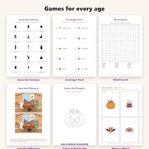 May include: A collection of six printable Halloween activity sheets titled Games for every age. The pages include Guess the Costume, Scavenger Hunt, Word Search, Spot the Difference, Colour the Pumpkin, and Memory Match with various illustrations.
