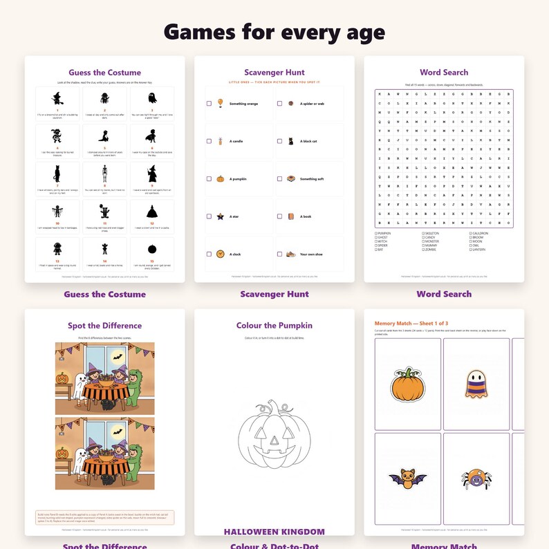 May include: A collection of six printable Halloween activity sheets titled Games for every age. The pages include Guess the Costume, Scavenger Hunt, Word Search, Spot the Difference, Colour the Pumpkin, and Memory Match with various illustrations.