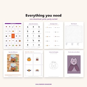 May include: A collection of eight printable Halloween activity sheets featuring a bingo card, costume guessing game, scavenger hunt, word search, spot the difference, memory match cards, a pumpkin colouring page, and a pin the hat on the witch game.
