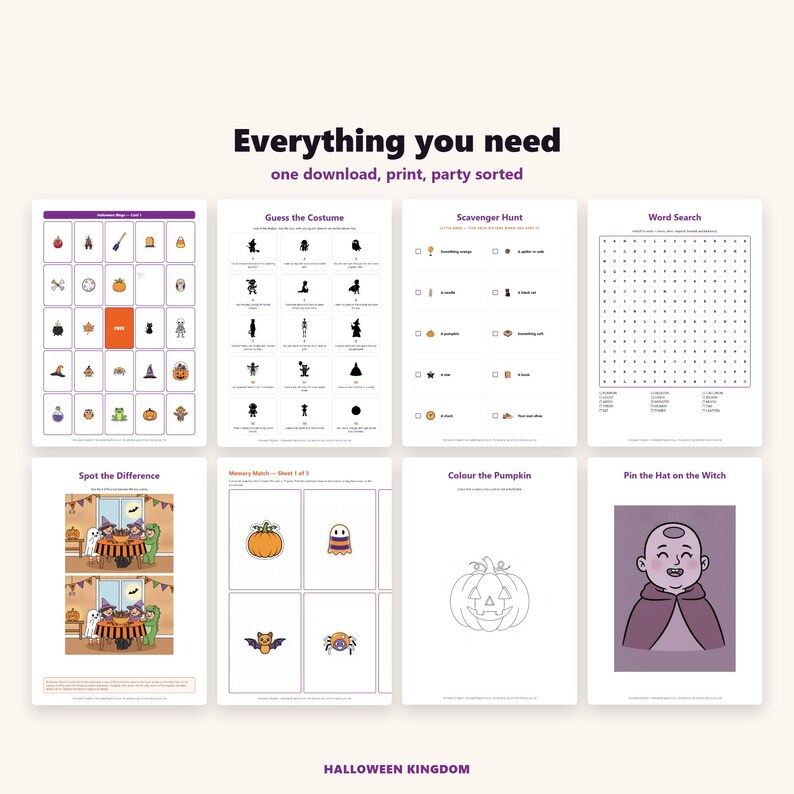 May include: A collection of eight printable Halloween activity sheets featuring a bingo card, costume guessing game, scavenger hunt, word search, spot the difference, memory match cards, a pumpkin colouring page, and a pin the hat on the witch game.