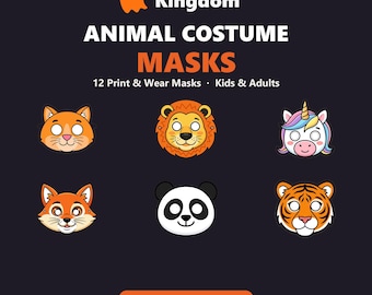 Printable Animal Masks | 12 Kids Costume Masks | Cat Fox Lion Tiger Unicorn | Party & Book Day Dress Up | Instant Download PDF