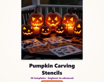 Pumpkin Carving Stencils Printable, 30 Halloween Templates Beginner to Advanced, No Carve Options, Jack O Lantern Patterns Instant Download