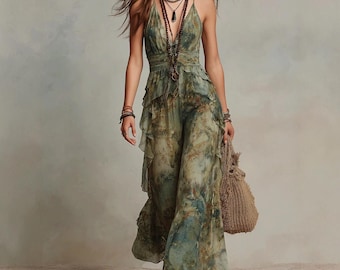 Vestido largo midi de gasa verde fluido para mujer, mono bohemio con cuello halter y pernera ancha para mujer.