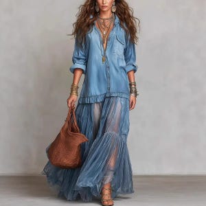 Sukienka maxi z jeansu w stylu boho, damska, zwiewna, z siateczki, patchworkowa, z długim rękawem, letnia