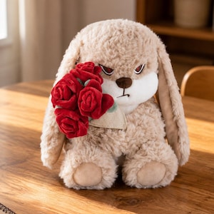 May include: A plush rabbit toy with beige fur, long ears, and a white muzzle. The rabbit has a stern facial expression with red-tinted eyes and is holding a bouquet of five deep red velvet roses with green fabric leaves attached to its chest.