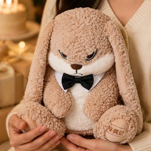May include: A plush rabbit toy with tan curly fur, long ears, and a white belly. The rabbit has red eyes, a brown nose, and wears a white collar with a black bow tie. A small patch with Chinese characters is visible on the bottom of the left foot.