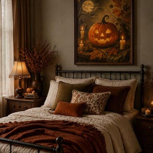 Vintage Halloween Pumpkin Wall Art, Jack o Lantern Canvas Print, Cozy Fall Still Life Poster, Rustic Thanksgiving Decor, Moody Autumn