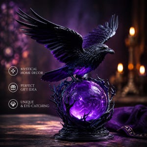 Fioletowa lampa Raven, gotycka lampa nocna LED Orb, upiorny, wiedźmowy wystrój domu