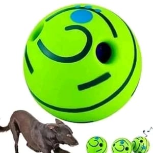 May include: A bright lime green spherical pet toy featuring dark green curved line patterns and a circular blue accent. The toy has several small holes on its surface. A dark brown dog is shown in a play stance next to three smaller versions.