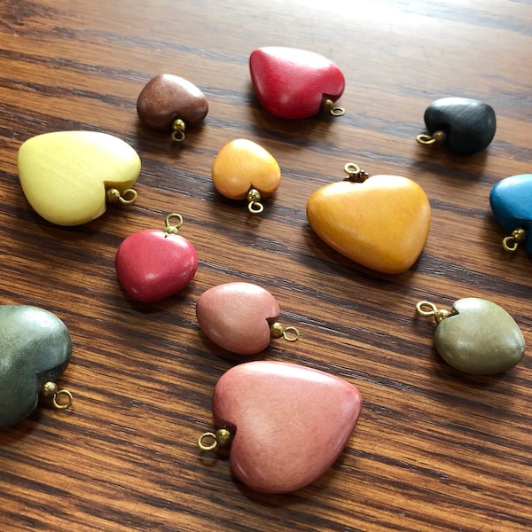 Wood Heart Pendants - Set of 10 in Assorted Colors