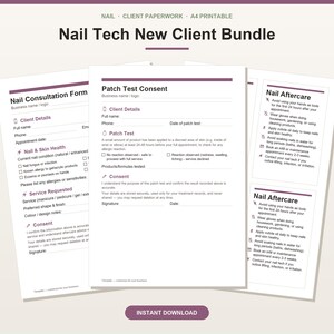 Kit nouveau client pour prothésiste ongulaire : formulaire de consultation, consentement au test cutané, autorisation de prise de photos, fiche client, consentement RGPD, format A4 US Letter.