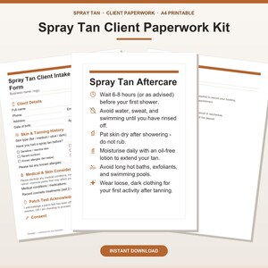 Pakket met klantdocumenten voor spraytanning - Toestemmingsformulier, nazorgkaart en boekingsvoorwaarden - Bewerkbare sjabloon (PDF, DOCX) | Direct downloaden