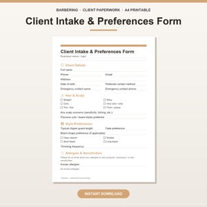 May include: A printable A4 client intake and preferences form for barbering services. The document features sections for client details, hair and scalp information, style preferences, and allergies, with text in black and tan on a white background.
