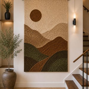 Op de afbeelding: Een grote rechthoekige wandhanger met een getextureerd landschapsontwerp. Het stuk is gemaakt van dik garen in tinten crème, beige, bruin en olijfgroen, met golvende heuvels en een cirkelvormige zon tegen een neutrale achtergrond.