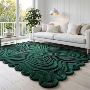 Hand Tufted Topographic Rug, Emerald Green Contour Line Area Rug, 3D Sculptural Organic Rug, Handmade Modern Statement Carpet