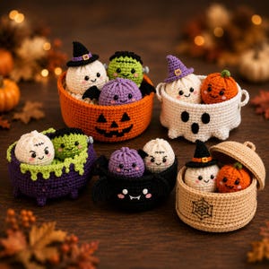 Halloween-virkmönsterpaket, Amigurumi-dumplings med kuslig korg (PDF-nedladdning, steg-för-steg-instruktioner)