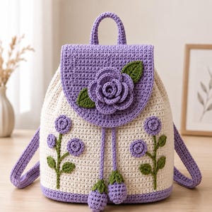 Könnte beinhalten: Ein cremefarbener Häkelrucksack mit einer lavendelfarbenen Klappe, die mit einer großen, dreidimensionalen lavendelfarbenen Rose und grünen Blättern verziert ist. Der Körper zeigt zwei gestickte Lavendelblütenstiele mit grünen Blättern und zwei hängende Quasten.