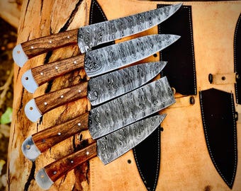Handmade Damascus Chef Knife Set – 5 Pcs Luxury Copper Damascus Kitchen Knives with Leather Sheath, Wood Handle, Gift for Him,