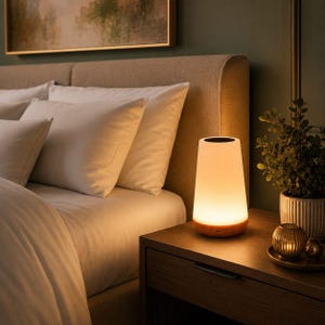 May include: A conical table lamp with a frosted white shade and a wooden base emitting a warm glow. The lamp sits on a wooden nightstand next to a small potted plant and a glass candle holder, providing soft illumination in a bedroom setting.