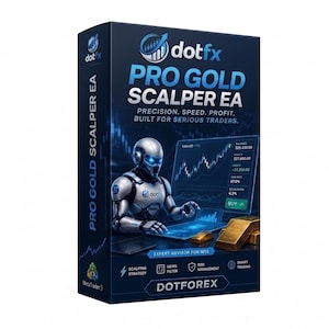 May include: A dark blue rectangular software box labeled PRO GOLD SCALPER EA. The design features a silver robot using a glowing blue laptop with financial charts, gold bars, and the text: PRECISION. SPEED. PROFIT. BUILT FOR SERIOUS TRADERS.
