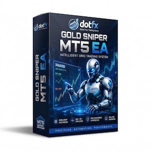 May include: A rectangular product box for Gold Sniper MT5 EA, an intelligent grid trading system. The dark blue packaging features a silver and blue robotic figure pointing at a digital trading chart labeled XAUUSD, with text including dotfx.