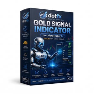 May include: A dark blue rectangular software box for the Gold Signal Indicator for MetaTrader 5. The front features a silver robotic figure interacting with a digital trading interface showing XAUUSD buy and sell signals and market data.