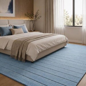 Hand-Tufted Wool Area Rug, Modern Striped Bedroom Carpet, Soft Fluffy Floor Mat (Dusty Blue)
