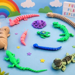 May include: A collection of articulated 3D printed animal figures including a pink axolotl, a tan capybara, a purple octopus, a green turtle, a blue worm, a green lizard, a beige snake, and a green bearded dragon, with a sign reading FUN PLAY EXPLORE.