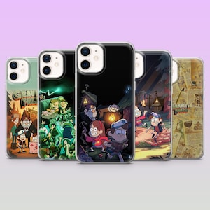 May include: Five clear smartphone cases featuring various Gravity Falls character illustrations and scenes, including the Mystery Shack, Dipper, Mabel, Grunkle Stan, and journal pages, each with a dual-lens camera cutout on the upper left corner.