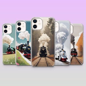 May include: Five clear smartphone cases featuring various steam locomotive designs. Each case displays a train on tracks with billowing smoke, including green, black, and white engine models set against landscapes of forests, fields, and autumn trees.