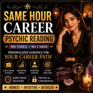 Peut inclure: Une publicité graphique noire et dorée pour un service de lecture psychique. Le texte indique SAME HOUR CAREER PSYCHIC READING, NO TOOLS NO CARDS, PERSONALIZED GUIDANCE FOR YOUR CAREER PATH, JOB & CAREER GUIDANCE, PROMOTION INSIGHT, INTERVIEW SUPPORT, FUTURE DIRECTION, SAME HOUR DELIVERY, PRIVATE & CONFIDENTIAL, HONEST INTUITIVE DETAILED.