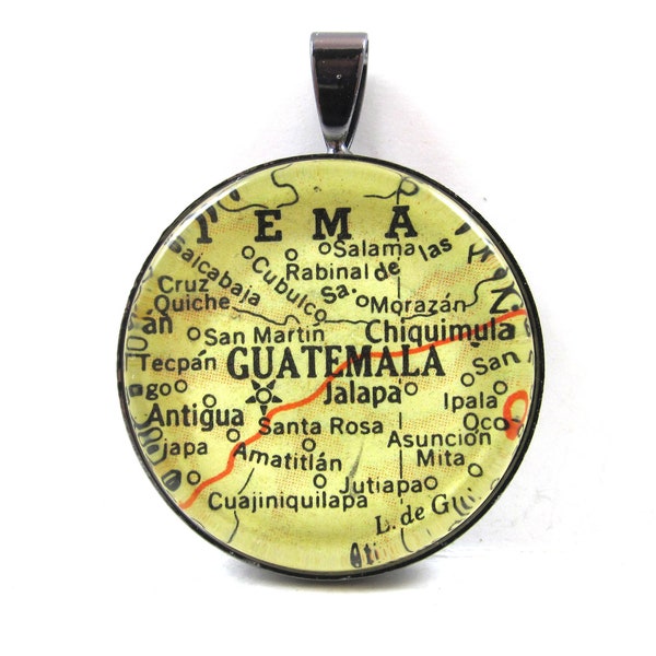 Vintage Map Pendant of Guatemala City, in Glass Tile Circle