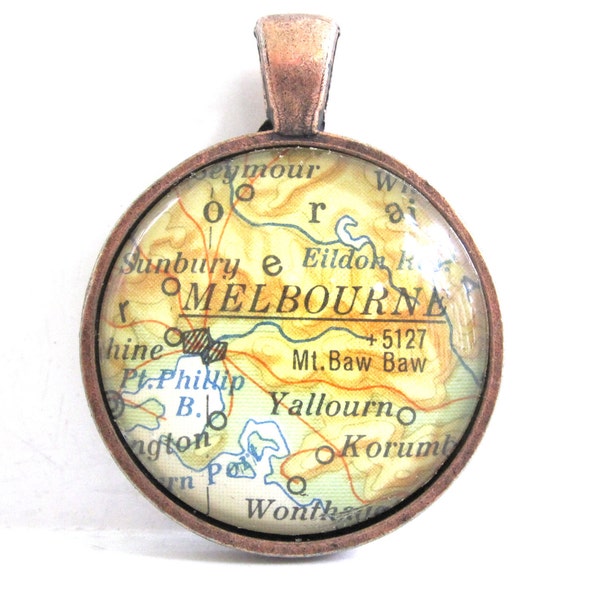 Melbourne, Australia, Pendant from Vintage Map, in Glass Tile Circle