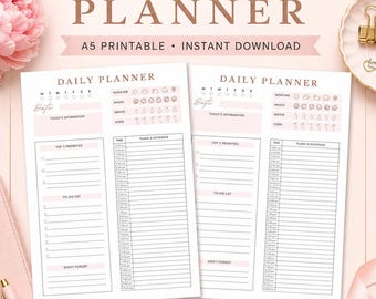 A5 Pink Daily Planner Printable | Schedule, To-Do List (Digital Download)