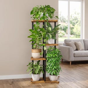 Tall Plant Stand 5 Tier | Wood & Metal Corner Shelf | Multi Tiered Plant Display | Indoor Outdoor Flower Rack