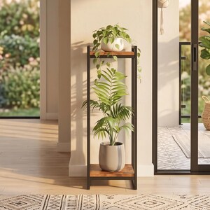 Tall 2 Tier Plant Stand | Metal Wood Corner Plant Shelf | Modern Indoor Display Rack for Living Room Bedroom Office Patio