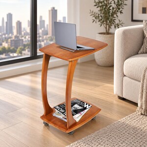 Rolling Wood C Table | Sofa Side End Table with Wheels | Laptop Tray Table with Storage Shelf | Curved Solid Wood Accent Table