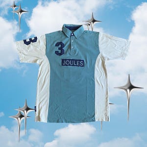 Peut inclure: Un polo à manches courtes avec un panneau central bleu clair orné du chiffre 3 bleu foncé et du texte JOULES sur un écusson rectangulaire bleu foncé. Les côtés et les manches sont blanc cassé, et le col est bleu clair avec une patte de boutonnage.