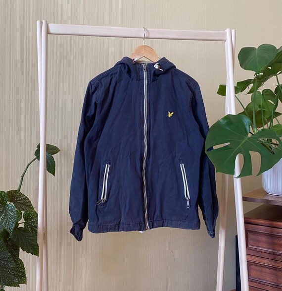 Lyle & Scott, Lyle Scott Navy Hooded Jacket Vintage Windbreaker Cotton Zip Up Size S