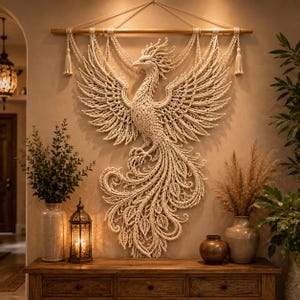 May include: A large off-white macrame wall hanging depicting a phoenix with expansive wings and a long, detailed tail. The piece is suspended from a horizontal wooden rod with decorative tassels at each end, featuring intricate knotted patterns.