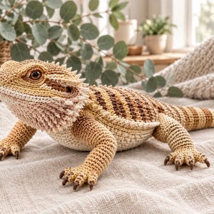Può includere: Un giocattolo a forma di drago barbuto realizzato all'uncinetto con un corpo testurizzato nei toni del beige, marrone chiaro e marrone scuro. La lucertola presenta una barba spinosa, occhi marrone scuro e quattro zampe con piccole unghie.