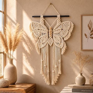 Patrón de mariposa de macramé para colgar en la pared, tutorial estilo boho, decoración con fibras (descarga digital)