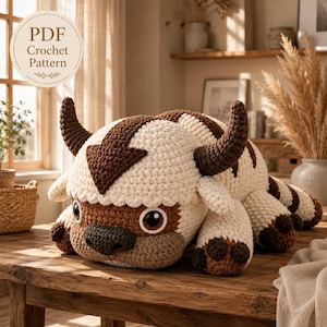 May include: A crochet plush toy shaped like a bison with cream and brown yarn. It features a dark brown arrow on its head, curved horns, and large dark eyes. A circular label in the top left corner displays the text PDF Crochet Pattern.