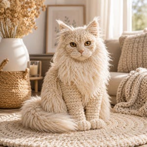 Può includere: Una statuetta di gatto all'uncinetto color crema con pelo lungo e ispido, orecchie a punta e occhi color ambra. Il gatto è realizzato con un motivo a punti testurizzati e annodati sul corpo e sugli arti, con una folta criniera soffice.