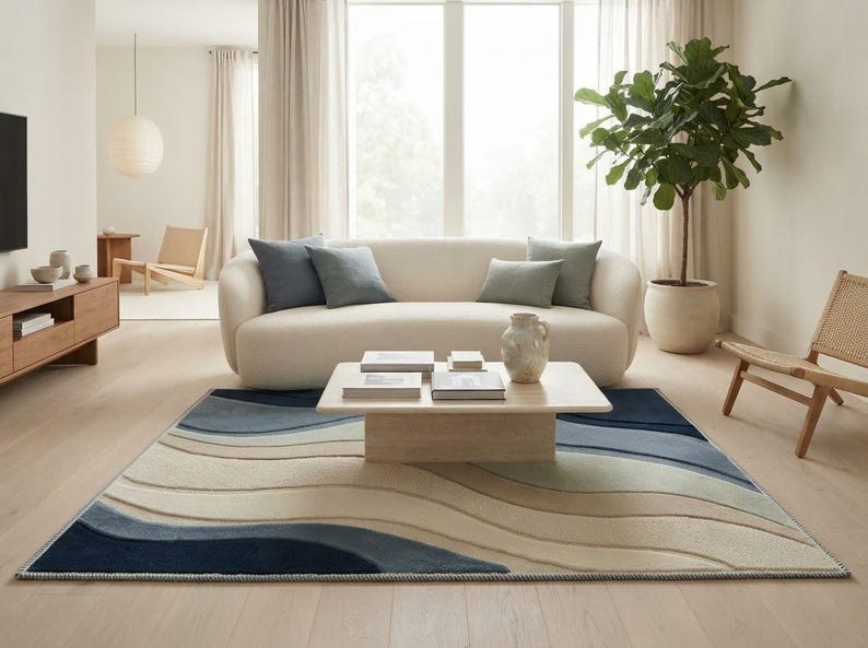 Blue Wavy Pattern Rug Hand-tufted Wool Wave Rug, Abstract Blue Cream Gray, Mid-century Modern ...