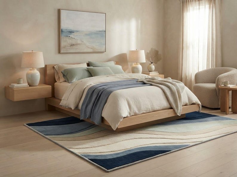 Blue Wavy Pattern Rug Hand-tufted Wool Wave Rug, Abstract Blue Cream Gray, Mid-century Modern ...
