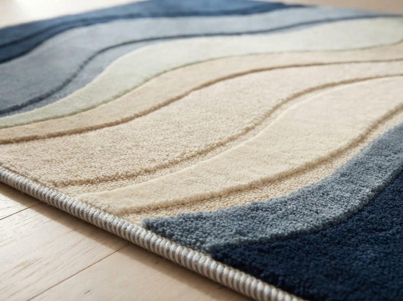Blue Wavy Pattern Rug Hand-tufted Wool Wave Rug, Abstract Blue Cream Gray, Mid-century Modern ...