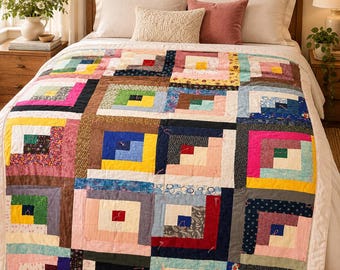Handgefertigte Patchworkdecke im Blockhausstil, farbenfrohe Baumwolldecke, geknotete Decke, Boho-Cottage-Decke, 150 x 200 cm, Unikat