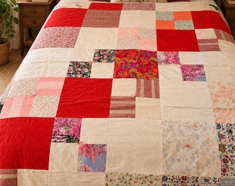 Patchwork-Steppdecke mit Blumenmuster, Baumwoll-Tagesdecke 150 x 200 cm, rot-rosa Überwurfdecke, Cottagecore-Steppdecke, handgeknüpfte Bettwäsche, Unikat