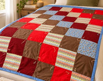 Handgefertigte Patchworkdecke, rot-braun-blaue Bindedecke, farbenfrohe Baumwolldecke, rustikale Landhausdecke, 150 x 200 cm, Unikat